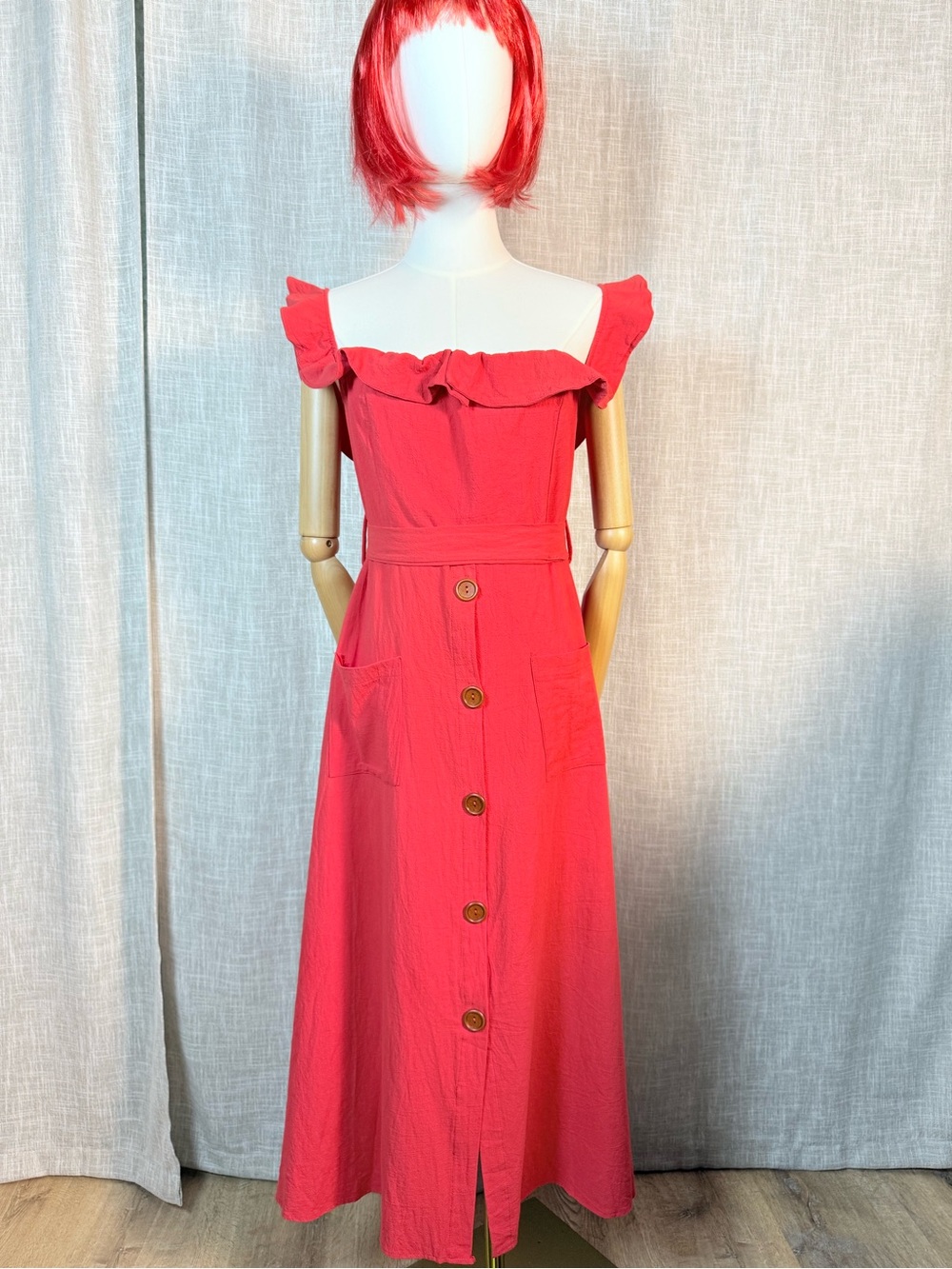 Red Ruffle Off-Shoulder Midi Dress